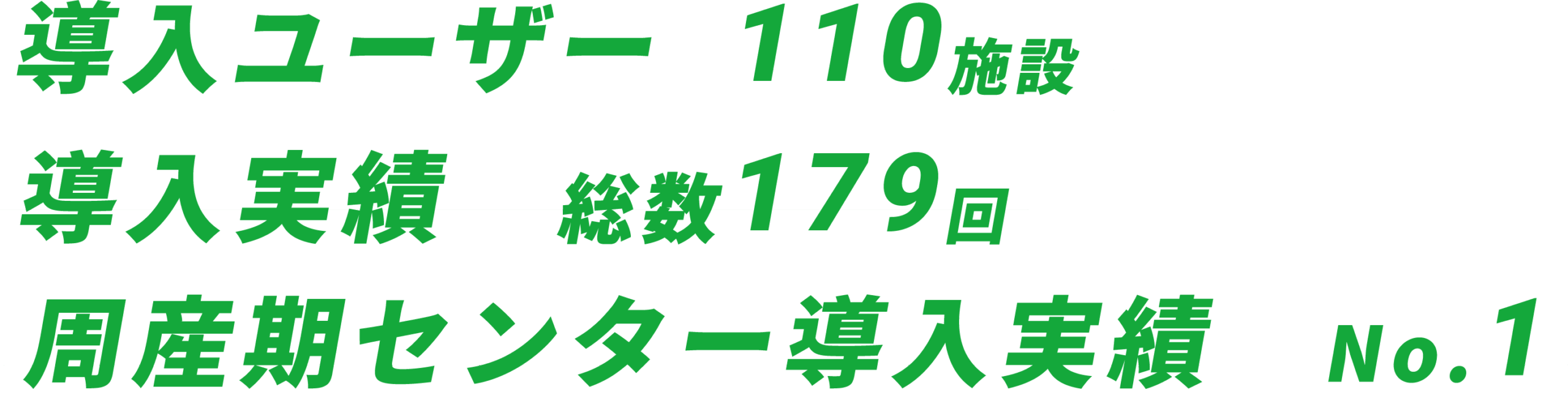 導入ユーザー　110施設　導入実績 総数179回 周産期センター導入実績 No.1